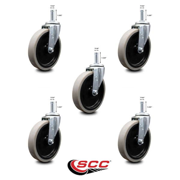 5 Inch Thermoplastic Wheel 1-3/8 Inch Grip Ring Stem Caster SCC, 5PK